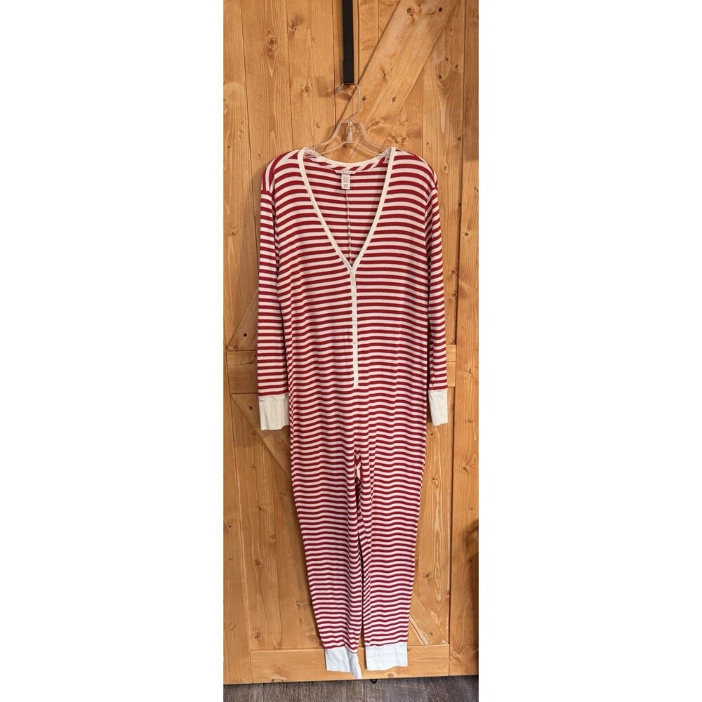 Victoria's Secret Thermal One Piece Pajama Jumpsuit Striped Waffle Knit Size XL